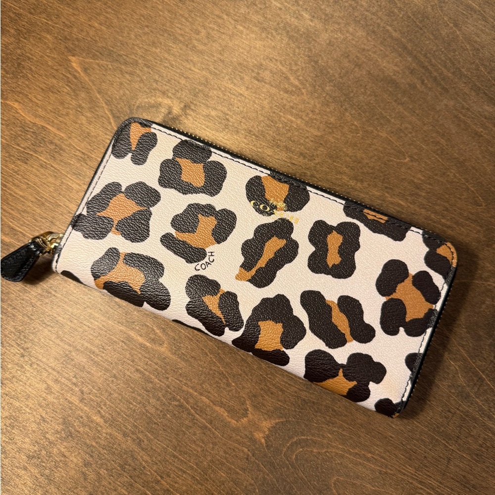 Coach Black and Brown Animal Print long zip around  Wallet